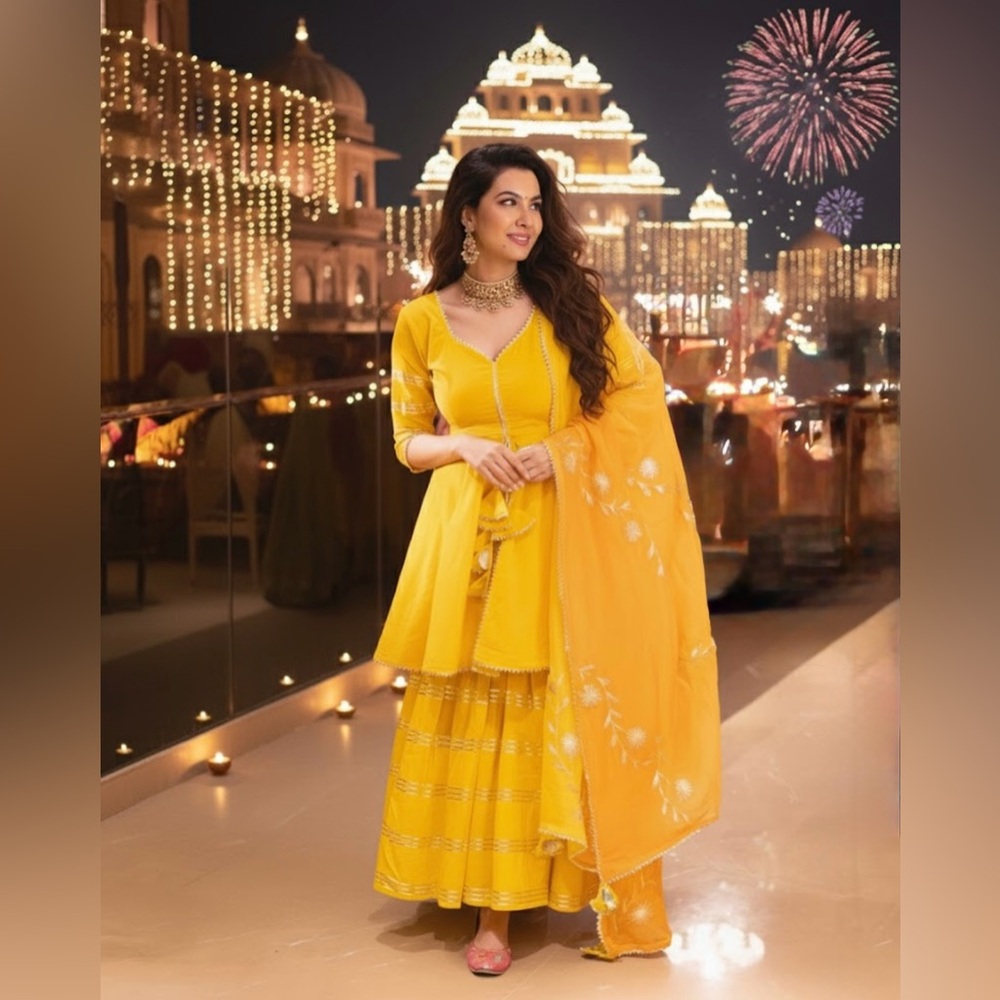 Yellow Embroidered Peplum Sharara | Size L/M